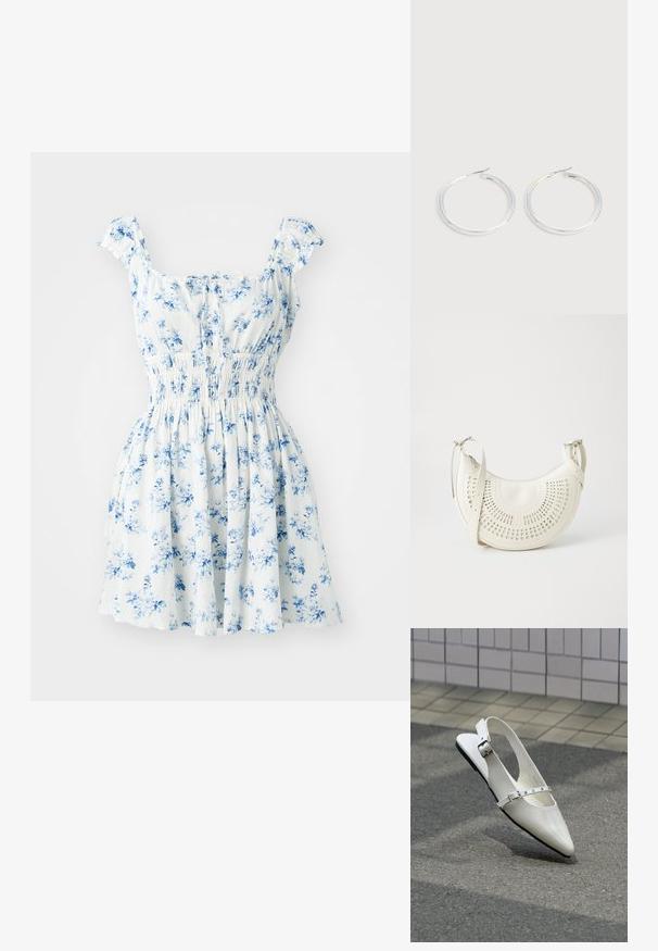 Bloemenjurk met korte gerimpelde mouwen, witte stof bedrukt met blauwe bloemen, gerimpelde taille en uitlopende rok.; Witte puntige slingback platte schoen met twee zilveren gespen, getoond buiten op een getextureerde ondergrond en betegelde muur als achtergrond.; Witte vegan leren schoudertas met een geperforeerd cirkelontwerp, verstelbare schouderriem en gegraveerd logo op de voorkant. Ritssluiting aan de bovenkant.; Een paar glanzende zilveren oorringen met dunne draadafsluitingen, getoond op een lichtgrijze achtergrond.