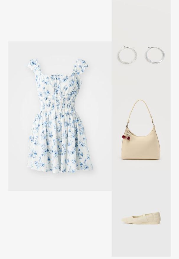 Vestido floral con mangas cortas de volantes, tejido blanco estampado con flores azules, cintura fruncida y falda acampanada.; Bailarinas beige con un exterior de cuero liso, punta en forma de almendra y una correa elástica en el empeine, con detalles de costura sutiles.; Bolso de color crema con superficie texturizada, correa de un solo hombro y charm de cremallera en forma de cereza sobre fondo liso.; Pendientes de aro de metal plateado con superficie lisa y ligeramente curvada y cierre de tipo mosquetón sobre un fondo blanco liso.