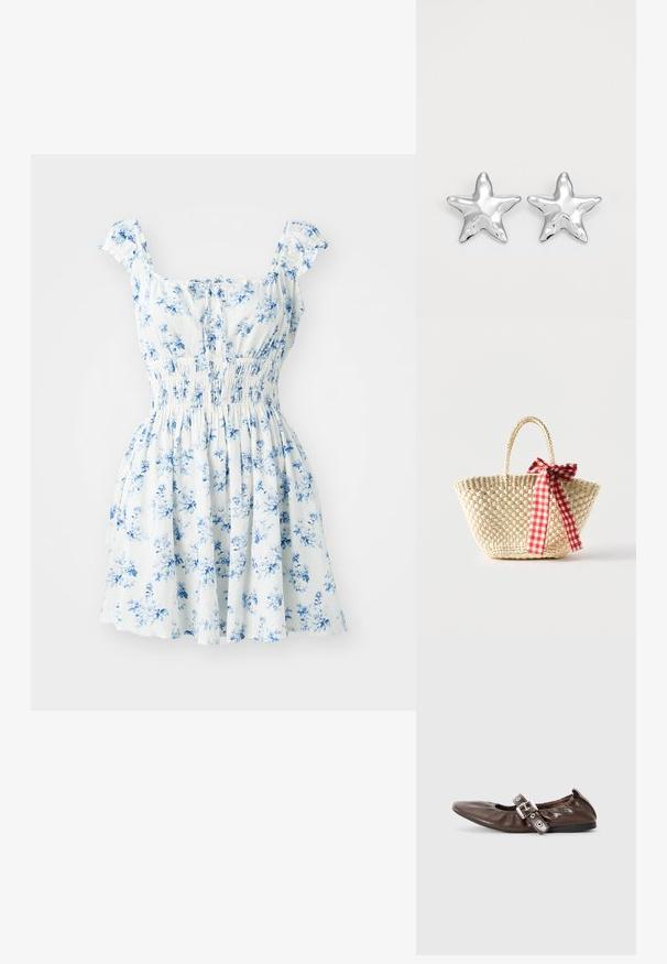 Vestido floral con mangas cortas de volantes, tejido blanco estampado con flores azules, cintura fruncida y falda acampanada.; Zapato plano de charol marrón con puntera puntiaguda, detalle de lazo elástico y un acento de hebilla plateada en el costado. Suela de goma negra.; Bolso tote de paja tejido con asas trenzadas y un lazo de cinta a cuadros rojos y blancos atado a un lado.; Pendientes en forma de estrella plateada con una superficie pulida y brillante. Cada pendiente presenta cinco puntas y sutiles detalles de textura en la superficie.