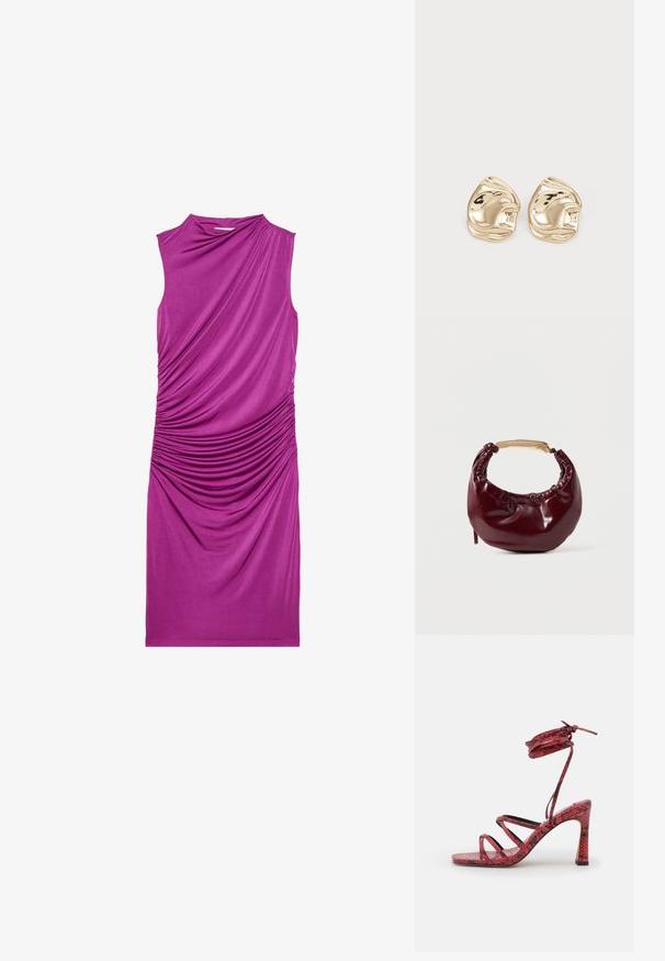Robe sans manches, de couleur violette, avec des détails en tissu froncé sur un côté, présentant une texture lisse et une coupe au niveau des genoux.; NA-KD STRAPPY FUNNEL - Sandales à talons hauts - red; Sac à main en simili cuir bordeaux avec une forme arrondie, des détails froncés et une anse en métal doré. Texture lisse et finition brillante.; Boucles d'oreilles en métal doré en forme d'ergots, présentant un design irrégulier et lisse avec une surface réfléchissante et des bords ondulés. Sans embellissements supplémentaires.