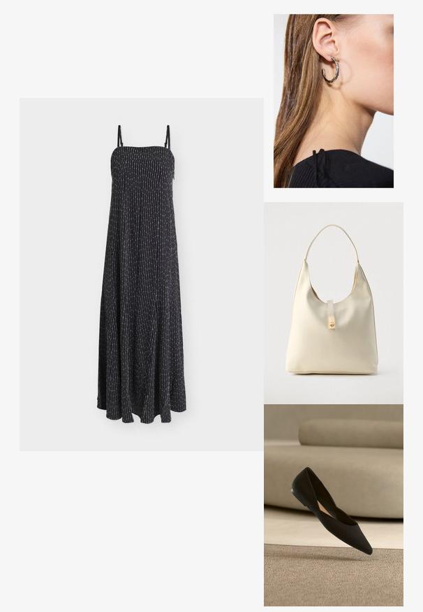 Robe maxi noire sans manches avec fines rayures blanches verticales et bretelles spaghetti réglables, tissu fluide.; Chaussure plate noire à bout pointu suspendue au-dessus d'un tapis beige texturé avec un canapé de couleur neutre en arrière-plan.; Sac hobo en cuir couleur crème avec une seule bandoulière, texture lisse et un détail de fermoir doré à l'avant.; Boucle d'oreille en argent avec une finition polie, présentant de petits détails en or et de forme ronde, portée sur le lobe.