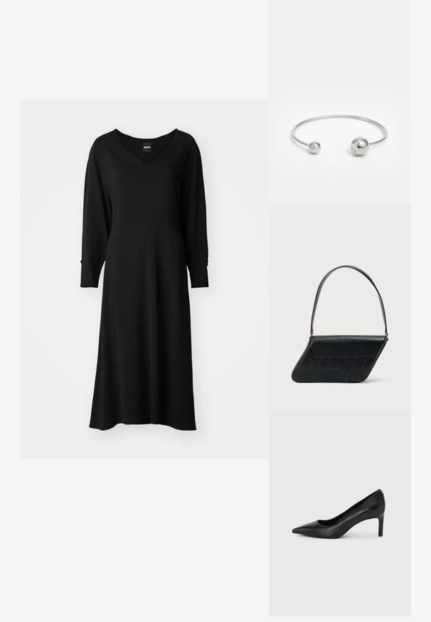 Robe noire à manches longues, décolleté en V, design fluide, longueur genou et buste ajusté. Tissu doux avec un léger éclat et des coutures structurées.; Escarpin à bout pointu en cuir noir avec un talon fin de hauteur moyenne sur un fond gris clair uni.; Sac d'épaule en cuir noir de forme triangulaire, avec un logo embossé et une seule bandoulière réglable. Design minimaliste avec une texture lisse.; Bracelet jonc en métal argenté avec deux accents sphériques à chaque extrémité, surface lisse, design ouvert et forme épurée et minimaliste.