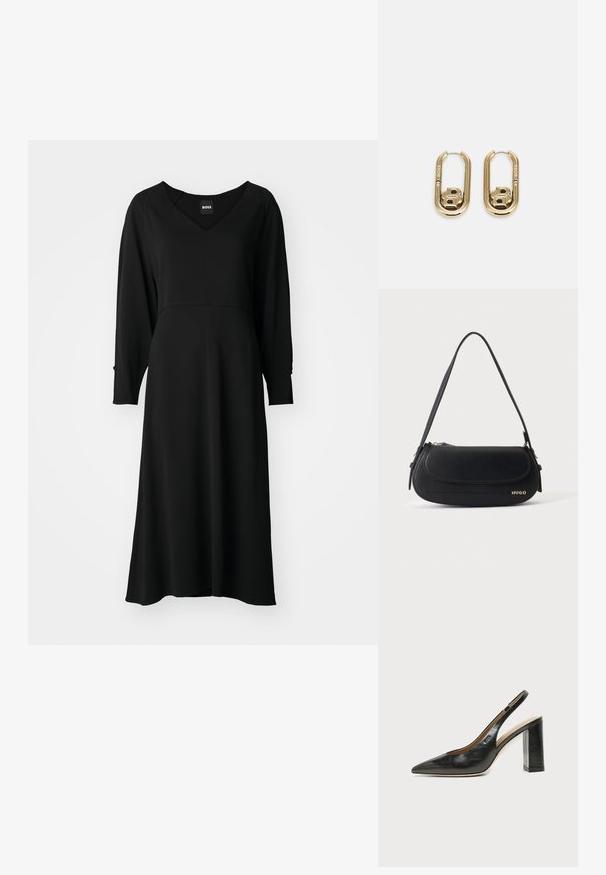Schwarzes Kleid mit langen Ärmeln, V-Ausschnitt, fließendem Design, knielang und tailliertem Oberteil. Weicher Stoff mit leichtem Glanz und strukturierten Nähten.; Schwarzer Leder-Slingback-Schuh mit spitzer Kappe, hohem Blockabsatz und beigegefüttertem Innenraum vor hellem, einfarbigem Hintergrund.; Schwarze Lederschultertasche mit geschwungener Klappe, goldenem "HUGO" Logo auf der Vorderseite und einem verstellbaren Riemen.; BOSS DOUBLE B SWING - Ohrringe - gold-coloured