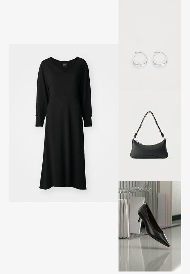 Schwarzes Kleid mit langen Ärmeln, V-Ausschnitt, fließendem Design, knielang und tailliertem Oberteil. Weicher Stoff mit leichtem Glanz und strukturierten Nähten.; Schwarzer Leder-Kitten-Heel-Schuh mit spitz zulaufender Spitze, der über einem grau gesprenkelten Boden schwebt, neben einem Metall-Ordnerhalter mit Ordnern.; Schwarze Lederschultertasche mit gewölbter rechteckiger Form, goldener Kette, die in den geflochtenen schwarzen Riemen eingewebt ist, und Reißverschlussverschluss oben.; Silberne Creolen mit glänzender Oberfläche und DKNY-Logo, vor einem schlichten weißen Hintergrund präsentiert.