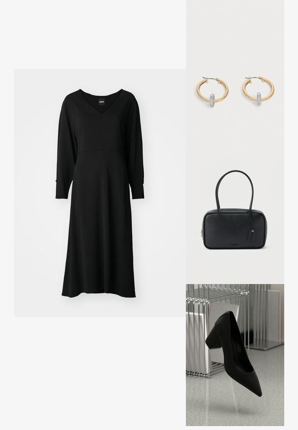 Schwarzes Kleid mit langen Ärmeln, V-Ausschnitt, fließendem Design, knielang und tailliertem Oberteil. Weicher Stoff mit leichtem Glanz und strukturierten Nähten.; Schwarzer High-Heel-Schuh mit spitzem Zehenbereich und blockiertem Absatz, aus strukturiertem Leder, über einem glatten Boden schwebend.; Schwarze rechteckige Handtasche mit doppelten, abgerundeten Griffen, goldfarbenem Reißverschluss und geprägtem „HUGO“-Logo auf der Vorderseite sowie angebrachtem Lederanhänger.; Paar goldfarbene Creolen mit kleinem silberfarbenem Schlaufen-Detail an jeder, vor hellem grauem Hintergrund präsentiert.