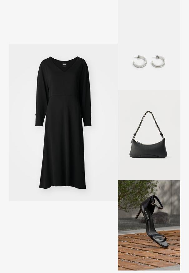 Schwarzes Kleid mit langen Ärmeln, V-Ausschnitt, fließendem Design, knielang und tailliertem Oberteil. Weicher Stoff mit leichtem Glanz und strukturierten Nähten.; Schwarze Sandalette mit hohem Absatz und Knöchelriemen schwebt über einem Holzboden im Freien vor verschwommenem Grün und Steinhintergrund.; Schwarze Lederschultertasche mit gewölbter rechteckiger Form, goldener Kette, die in den geflochtenen schwarzen Riemen eingewebt ist, und Reißverschlussverschluss oben.; Silberne Creolen mit einer glatten Oberfläche und einer Reihe kleiner klarer Steine entlang der unteren Kante, mit einer Steckverschluss.