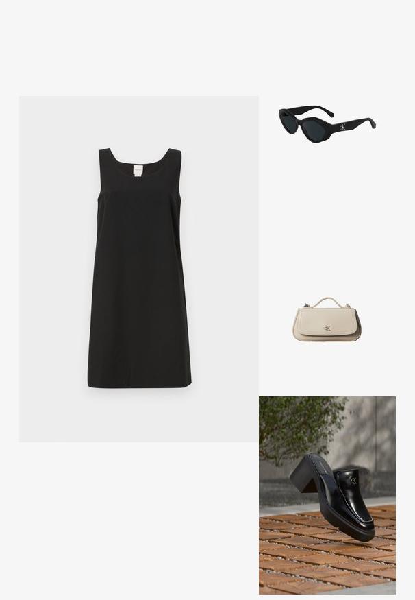 Vestido negro sin mangas con escote cuadrado y corte recto, fabricado en tejido suave. Presenta un diseño minimalista y sin herrajes visibles.; Mule tipo slip-on de cuero negro de Calvin Klein con tacón de bloque descansando sobre baldosas de madera al aire libre cerca de una planta verde y una pared gris.; Gafas de sol negras con forma de ojo de gato, acabado brillante, lentes oscuros y un logo "cK" en la patilla. Diseño angular y montura gruesa.; Pequeño bolso de mano de cuero beige con asa superior y logo plateado de CK en la solapa frontal, mostrado sobre un fondo blanco.