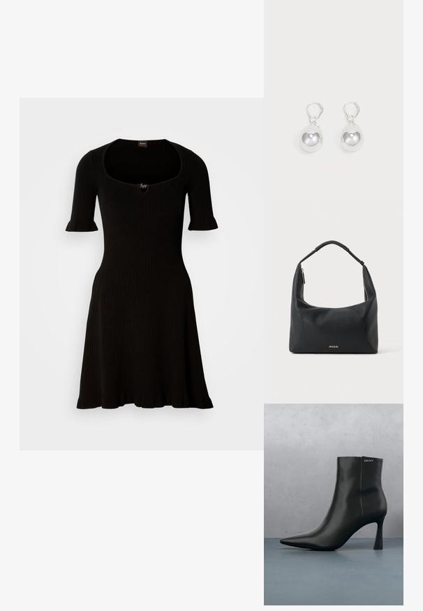 Vestido negro acanalado con escote barco y mangas cortas con volantes, que se ensancha suavemente desde la cintura. No se ven detalles adicionales.; Botín de cuero negro con punta afilada y un tacón geométrico. Presenta un sutil branding y una textura suave. El fondo tiene baldosas con textura.; Bolso de hombro de cuero negro con asa trenzada, detalle de cremallera dorada y pequeño logo "HUGO" dorado en el centro frontal.; Pendientes de plata en forma de gota con superficies redondas y reflectantes colgando de cierres de palanca. El fondo es blanco liso.