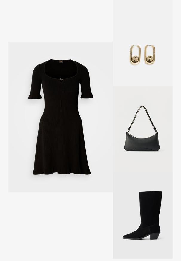 Vestido negro acanalado con escote barco y mangas cortas con volantes, que se ensancha suavemente desde la cintura. No se ven detalles adicionales.; Botín de ante negro hasta el tobillo con punta afilada, caña de altura media y tacón grueso. Presenta costuras mínimas y una textura suave.; Bolso de hombro de cuero negro con forma rectangular curvada, cadena dorada entrelazada en una correa negra trenzada y cierre superior con cremallera.; BOSS DOUBLE B SWING - Pendientes - gold-coloured