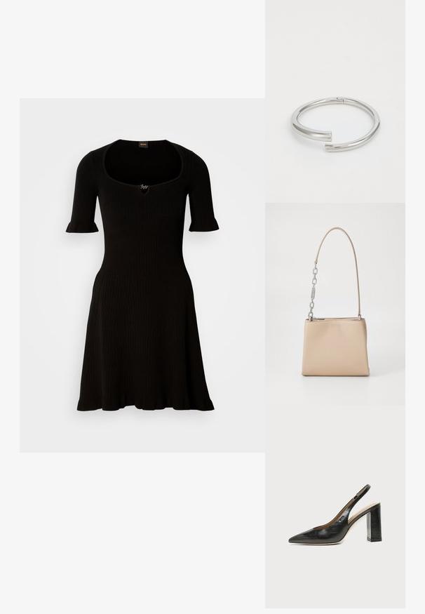 Schwarzes geripptes Kleid mit einem Rundhalsausschnitt und kurzen Rüschensleeves, das sich sanft von der Taille abbläht. Keine weiteren Details sichtbar.; Schwarzer Leder-Slingback-Schuh mit spitzer Kappe, hohem Blockabsatz und beigegefüttertem Innenraum vor hellem, einfarbigem Hintergrund.; Beige Lederhandtasche mit glatter Textur, ausgestattet mit einem silbernen Kettenakzent am Griff und einem Reißverschluss. "HUGO" ist auf der Vorderseite geprägt.; Calvin Klein SPIRAL - Armband - silver-coloured
