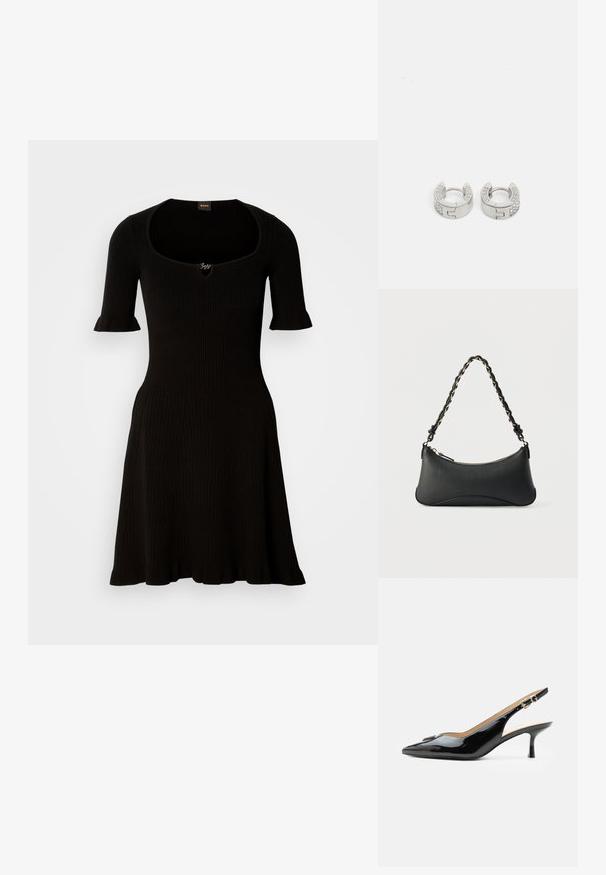 Vestido negro acanalado con escote barco y mangas cortas con volantes, que se ensancha suavemente desde la cintura. No se ven detalles adicionales.; Tacón slingback de charol negro con puntera puntiaguda, tacón pequeño tipo kitten y correa con hebilla plateada sobre un fondo blanco liso.; Bolso de hombro de cuero negro con forma rectangular curvada, cadena dorada entrelazada en una correa negra trenzada y cierre superior con cremallera.; Guess STYLISH - Pendientes - silver-coloured