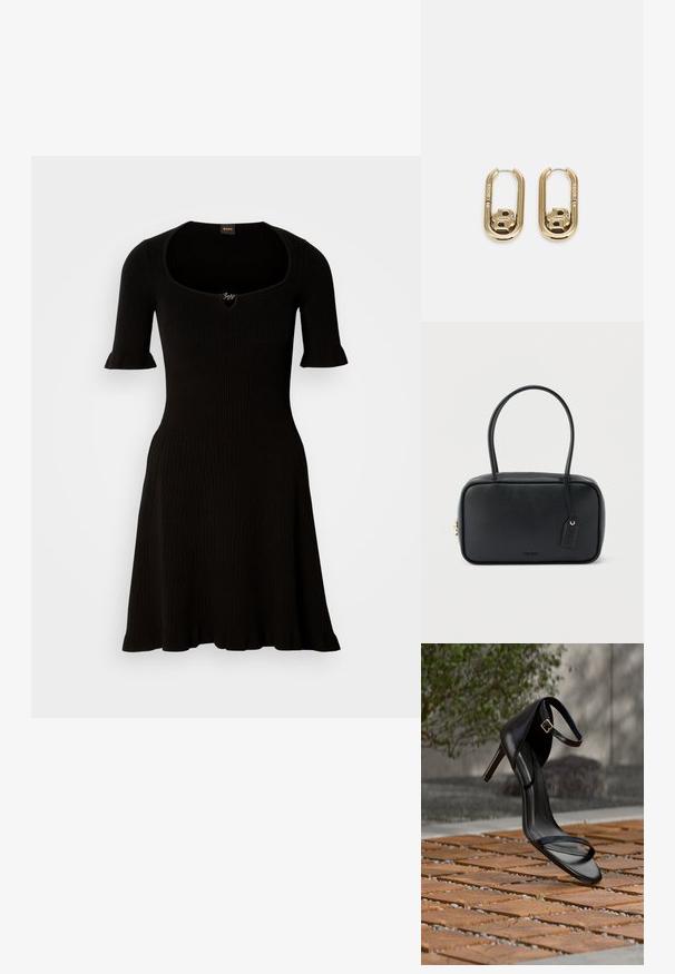 Schwarzes geripptes Kleid mit einem Rundhalsausschnitt und kurzen Rüschensleeves, das sich sanft von der Taille abbläht. Keine weiteren Details sichtbar.; Schwarze Sandalette mit hohem Absatz und Knöchelriemen schwebt über einem Holzboden im Freien vor verschwommenem Grün und Steinhintergrund.; Schwarze rechteckige Handtasche mit doppelten, abgerundeten Griffen, goldfarbenem Reißverschluss und geprägtem „HUGO“-Logo auf der Vorderseite sowie angebrachtem Lederanhänger.; BOSS DOUBLE B SWING - Ohrringe - gold-coloured