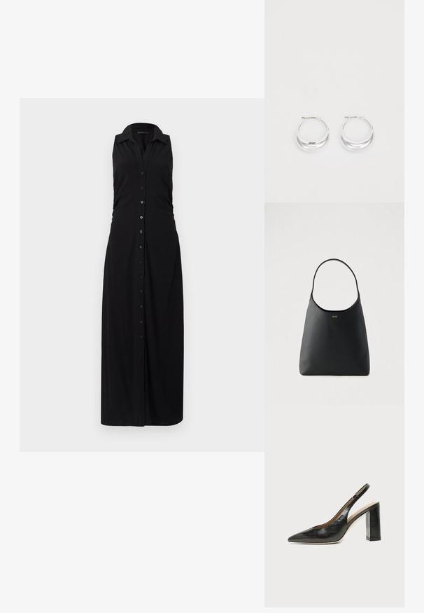 Schwarz ärmelloses Maxikleid mit Kragen, durchgehender Knopfleiste und gerafften Seitendetails, gefertigt aus weichem, dehnbaren Stoff.; Schwarzer Leder-Slingback-Schuh mit spitzer Kappe, hohem Blockabsatz und beigegefüttertem Innenraum vor hellem, einfarbigem Hintergrund.; Schwarze Lederhandtasche mit einem einzelnen, geschwungenen Griff, glatter Textur und einem dezenten Logo vorne. Minimalistisches Design und ein geräumiges Inneres.; Silberne Creolen mit glänzender Oberfläche und DKNY-Logo, vor einem schlichten weißen Hintergrund präsentiert.