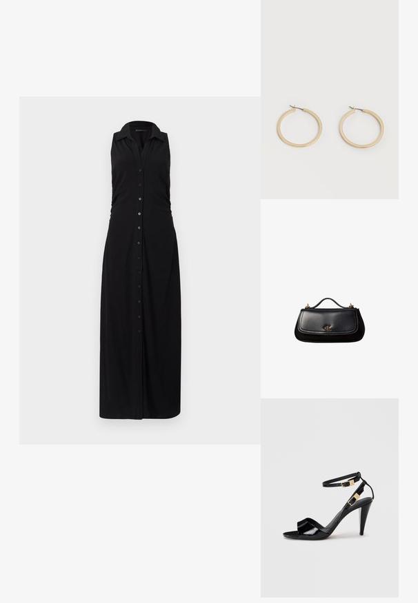 Schwarz ärmelloses Maxikleid mit Kragen, durchgehender Knopfleiste und gerafften Seitendetails, gefertigt aus weichem, dehnbaren Stoff.; Schwarze, lackierte High-Heeled-Sandalen mit doppelten Knöchelriemen und goldenen Schnallen, Zehen offen und schlankem, spitz zulaufendem Absatz auf neutralem Hintergrund.; Schwarze Lederhandtasche mit kleinem Griff, goldfarbenem "cK" Logo auf der Frontklappe und goldfarbenen Hardware-Akzenten.; Paar mittelgroße, glatte Creolen in Goldton mit Scharnier-Verschlüssen auf einem einfarbigen hellen Hintergrund.