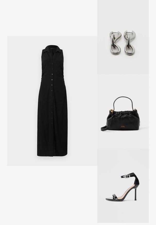 Sort ærmeløs maxi kjole med krave, knappet front og samlet sidedele, lavet af blødt, strækbart stof.; Sort højhælet sandal i laklæder med ankelrem. Har minimalistisk design, åben tå og spænde med rhinsten-detaljer.; Sort lædertaske med samlet top, en kort hank og en aftagelig skulderrem. Funktionen inkluderer guldlogo accenter og en glat tekstur.; Par af sølvtonede metale øreringe med abstrakt sammenflettet løbedesign på hvid baggrund.