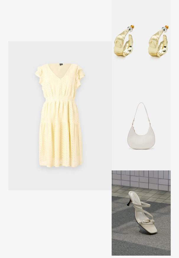 Vestido amarillo de manga corta con escote en forma de V, patrones florales texturizados, cintura fruncida y falda en capas. Tejido ligero con un corte fluido.; Sandalia de tacón alto beige con tiras finas y una pequeña hebilla dorada, mostrada sobre un pavimento texturizado frente a una pared alicatada.; Bolso de hombro de cuero crema con forma de media luna, correa delgada y sutil detalle de costuras. Diseño minimalista con acentos de hardware en tono dorado.; Pendientes en tono dorado con forma de manos abstractas, que presentan una superficie brillante, detalles intrincados y un poste de plata y oro para un ajuste seguro.