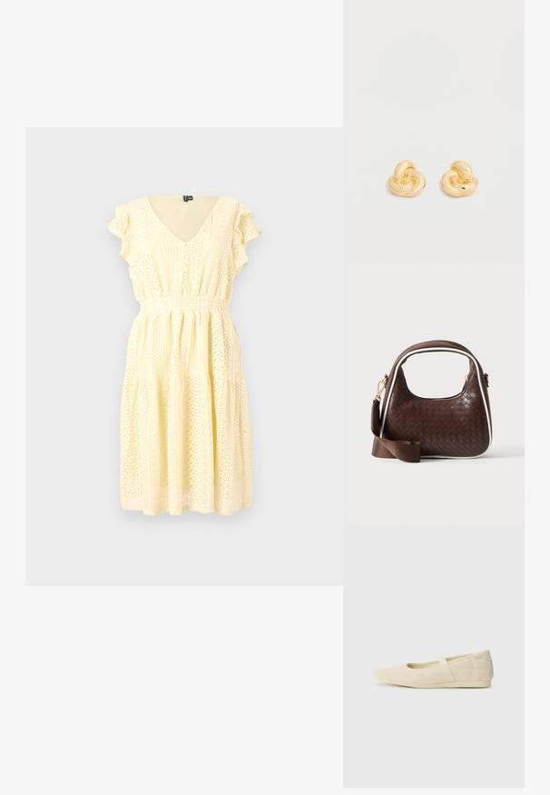 Vestido amarillo de manga corta con escote en forma de V, patrones florales texturizados, cintura fruncida y falda en capas. Tejido ligero con un corte fluido.; Bailarinas beige con un exterior de cuero liso, punta en forma de almendra y una correa elástica en el empeine, con detalles de costura sutiles.; Bolso de mano de piel trenzada marrón con ribete blanco, cremallera dorada y correa de hombro de tela marrón desmontable.; Par de pendientes de botón en forma de nudo con acabado dorado brillante sobre un fondo blanco liso.