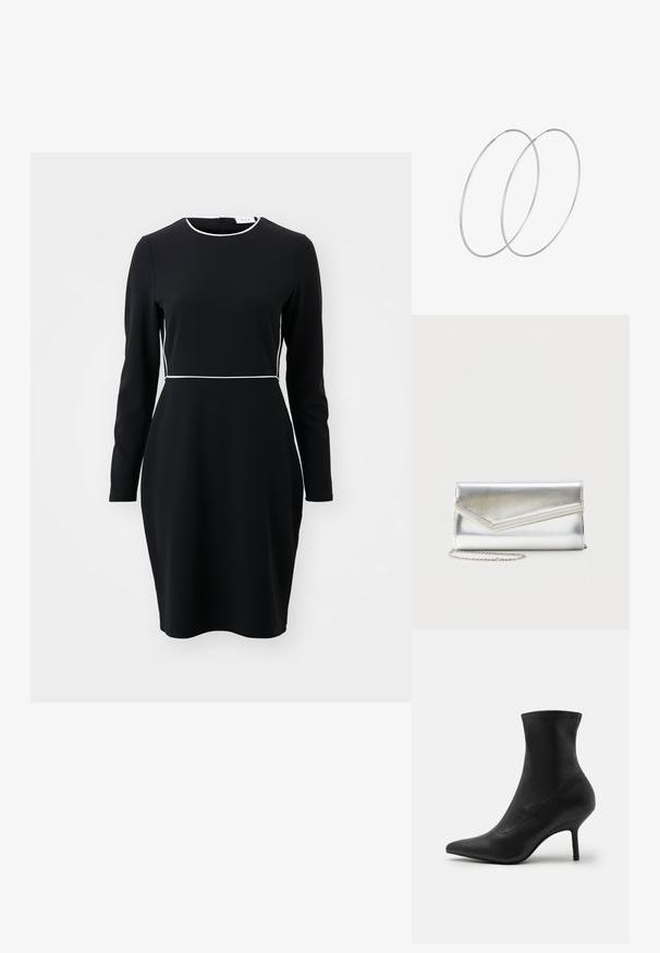 Schwarzes langärmeliges Kleid mit einem runden Ausschnitt und weißen Paspeln entlang der Taille und des Kragens. Aus einem glatten, dehnbaren Stoff gefertigt.; Anna Field by Zalando Stiefelette - black; Glänzende silberne Clutch mit Umschlagklappe und dekorativem Besatz, kleiner silberner Kettenriemen, auf einfachem hellem Hintergrund.; Silberne Creolen mit minimalistischem Design. Rundform, glatte Oberfläche und dünnes Profil. Leichtgewichtig mit hochglänzender Oberfläche.
