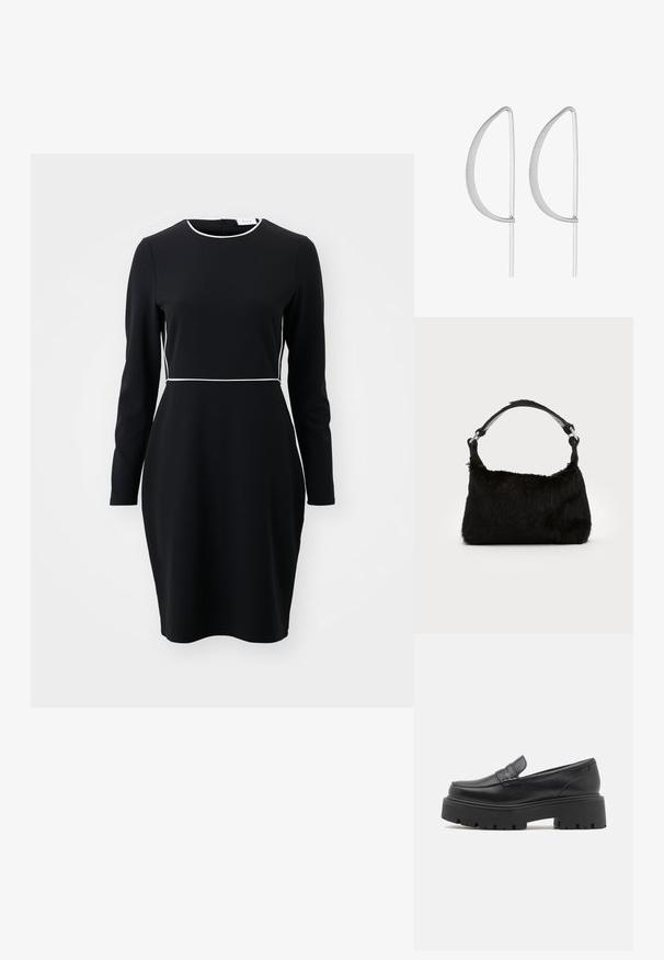Schwarzes langärmeliges Kleid mit einem runden Ausschnitt und weißen Paspeln entlang der Taille und des Kragens. Aus einem glatten, dehnbaren Stoff gefertigt.; Schwarze Lederloafers mit einer niedrigen, dicke Gummisohle, gesteppten Details im Obermaterial und einer glatten Textur.; Schwarze Kunstfell-Handtasche mit weicher Textur, runder Form und einem stabilen schwarzen Leder-Schulterriemen. Sichtbare silberne Hardware-Akzente.; Silberne Ohrringe aus Metall mit einem minimalistischen geschwungenen Design, das verlängerte, offene Tropfenformen mit einer matten Oberfläche aufweist.