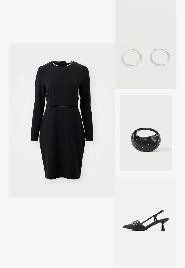 Schwarzes langärmeliges Kleid mit einem runden Ausschnitt und weißen Paspeln entlang der Taille und des Kragens. Aus einem glatten, dehnbaren Stoff gefertigt.; Simmi London DALA - Pumps - black; Schwarze Lederhandtasche mit abgerundeter Form, verziert mit silbernen Nietenakzenten und kurzem Griff. Glatte Struktur und Reißverschlussverschluss.; Silberne Metallcreolen mit glatter, leicht gebogener Oberfläche und Klappverschluss vor schlicht weißem Hintergrund.