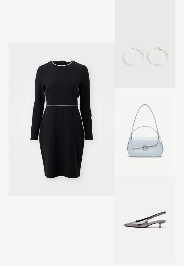 Schwarzes langärmeliges Kleid mit einem runden Ausschnitt und weißen Paspeln entlang der Taille und des Kragens. Aus einem glatten, dehnbaren Stoff gefertigt.; Metallic-grauer Slingback-Schuh mit spitzer Schuhspitze, niedrigem Kittenabsatz und verstellbarem Riemen auf weißem Hintergrund.; Hellblaue Lederhandtasche mit abgerundetem Überschlag, silbernem, rundem Verschluss und zwei Schulterriemen vor einfarbigem Hintergrund.; Paar glänzende silberne Creolen mit dünnen Drahtverschlüssen, dargestellt vor einem hellgrauen Hintergrund.