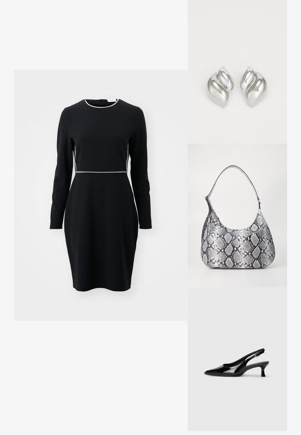 Schwarzes langärmeliges Kleid mit einem runden Ausschnitt und weißen Paspeln entlang der Taille und des Kragens. Aus einem glatten, dehnbaren Stoff gefertigt.; Schwarze Lackleder Slingback-Schuhe mit spitzem Zehenbereich und niedrigem Blockabsatz. Verstellbarer Riemen mit Schnalle am Knöchel.; Schultertasche im schwarz-weißen Schlangenprint mit runder Form, glatter Textur und gebogenem Tragegurt. Mit einem silbernen Hardware-Akzent.; Silberne Ohrringe mit einer organischen, abstrakten Form. Glatte, glänzende Oberfläche mit einem konischen Design. Mit dezenten Kurven und einem zentralen Linienelement.