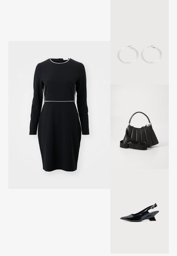 Must mustreli kleid pikkade varrukatega, ümar kaelus ja valged õmblused vöökoha ja krae ääres. Valmistatud siledast, venivast kangast.; Mustast lakknahast slingback king, millel on terav nina ja madal kalle plokktald, ühtlase heleda taustaga.; Mustmust kott mustris, millel on ümmargune käepide, reguleeritav rihm ja läikiv tekstuur. Omab hõbedast riistvara ja struktureeritud siluetti.; Paari läikiva hõbedase rõngaskujulise kõrvarõngastega, millel on õhukesed traatlukkud, kuvatud heleda halli taustal.