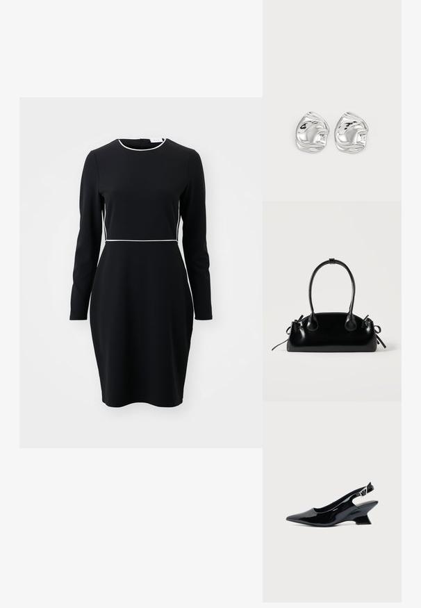 Sort langærmet kjole med rund halsudskæring og hvid piping langs taljen og kraven. Fremstillet af et glat, strækbart stof.; Sort laklæder slingback sko med spids tå og lav vinklet blokhæl på ensartet lys baggrund.; Lille sort blank håndtaske med to lange håndtag og snøre-detaljer i siden på en ensfarvet lys baggrund.; Sølv abstrakte stud øreringe med en poleret finish, der har glatte kurver og subtile konturer. Ingen synlige mønstre eller accenter.