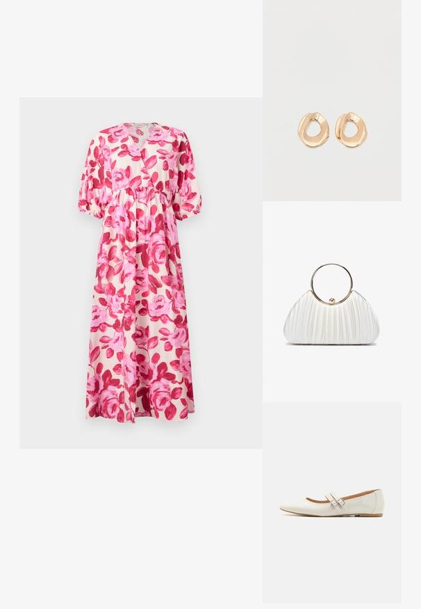 Bloemrijke maxi-jurk van lichte stof, met een roze rozenpatroon, V-hals, ingezette taille en pofmouwen met elastische manchetten.; Witte patenten leren ballerina's met een puntige neus, twee decoratieve banden met zilveren gespen en een subtiele bruine zool.; Witte geplooide handtas met een ronde gouden handgreep, gemaakt van zacht materiaal en een afgeronde vorm. Elegante uitstraling met een gestructureerde afwerking.; Set van onregelmatig gevormde, gepolijste hoepel oorbellen van goudkleurig metaal met een open midden op een effen witte achtergrond.