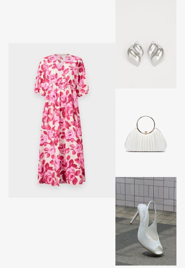 Vestido maxi floral en tejido ligero, con un patrón de rosas rosas, escote en V, cintura ceñida y mangas abullonadas con puños elásticos.; Zapato blanco de tacón alto con tira trasera y puntera abierta sobre pavimento frente a una pared de azulejos, proyectando una sombra en el suelo.; Bolso de mano blanco plisado con un asa circular dorada, que presenta un tejido suave y una forma redondeada. Diseño elegante con un acabado texturizado.; Pendientes de plata con una forma orgánica y abstracta. Superficie lisa y brillante con un diseño cónico. Presentan suaves curvas y un detalle de línea central.