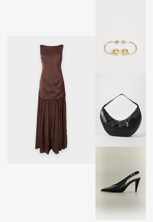 Braunes Satinkleid mit einem taillierten Oberteil und einem fließenden, gerafften Rock. Es hat einen Bootsausschnitt und einen weichen, strukturierten Stoff.; Schwarzer spitzer Slingback-Pumps aus Leder mit goldener Schnalle und einem zulaufenden Absatz vor neutralem Hintergrund.; Schwarze Leder-Schultertasche mit geschwungener Form, weicher Textur und einem einzelnen Riemen; verfügt über einen goldenen Reißverschluss und dezente Markenkennzeichnung.; Ohrringe aus vergoldetem Metall mit einem kreisförmigen Design, das zwei Sphären zeigt: eine größere, strukturierte Kugel und eine kleinere, polierte Kugel an der Spitze.