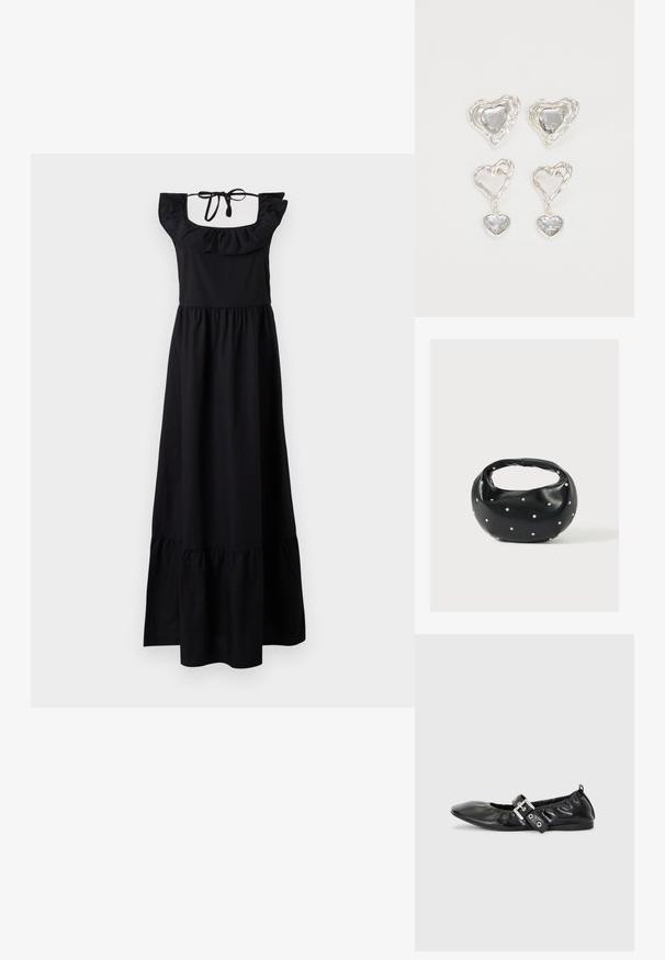 Vestido maxi negro de algodón, con un escote con volantes, espalda cuadrada, y cierre de lazo en el cuello, con una falda de capas.; Zapato plano de piel negra con puntera afilada, detalle fruncido alrededor de la abertura y un acento de hebilla plateada en la correa ajustable.; Bolso de mano de cuero negro con forma redondeada, decorado con detalles de tachuelas plateadas y un asa corta. Textura lisa y cierre con cremallera.; Pendientes en forma de corazón plateados que presentan piedras claras facetadas, con un marco texturizado. El conjunto incluye estilos de perno y tipo gota.