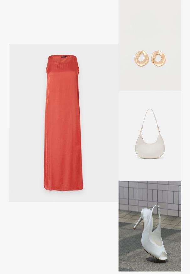 Ærmeløs, lang kjole i en ensfarvet koral farve. Fremstillet af glat stof med en afslappet pasform og rund halsudskæring. Ingen bemærkelsesværdige mønstre eller detaljer.; Hvid højhælet slingback-sko med åben tå på fortovet foran en flisebelagt væg, der kaster en skygge på jorden.; Cremefarvet læder skuldertaske med en halvmåneform, tynd rem og diskrete syninger. Minimalistisk design med hardware-accenter i guldton.; Par af uregelmæssigt formede, polerede øreringe i guldfarvet metal med åben midte på en ens hvid baggrund.