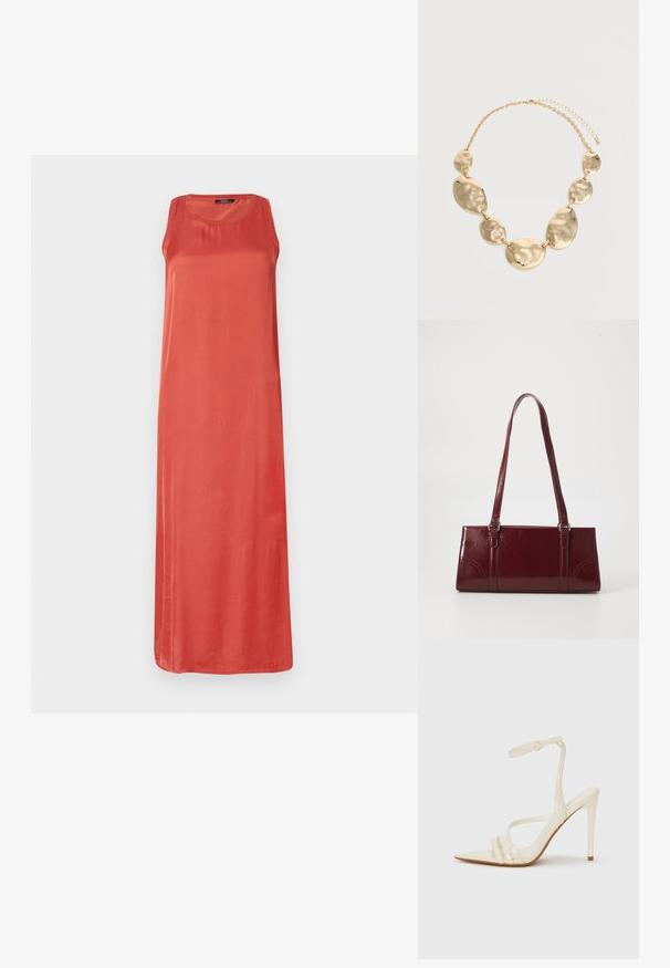 Robe longue sans manches de couleur corail unie. Fabriquée dans un tissu doux avec une coupe décontractée et un col rond. Pas de motifs ou d'accents notables.; Sandales à talons hauts beiges avec un bout pointu, comportant trois brides à l'avant et une fine bride à la cheville avec une boucle. Texture lisse, design minimaliste.; Sac à main bordeaux en matériau brillant, de forme rectangulaire, avec deux anses et des accents légèrement courbés à l'avant.; Collier chaîne ton or avec six plaques métalliques ovales et rondes irrégulières martelées reliées ensemble et fermoir ajustable.