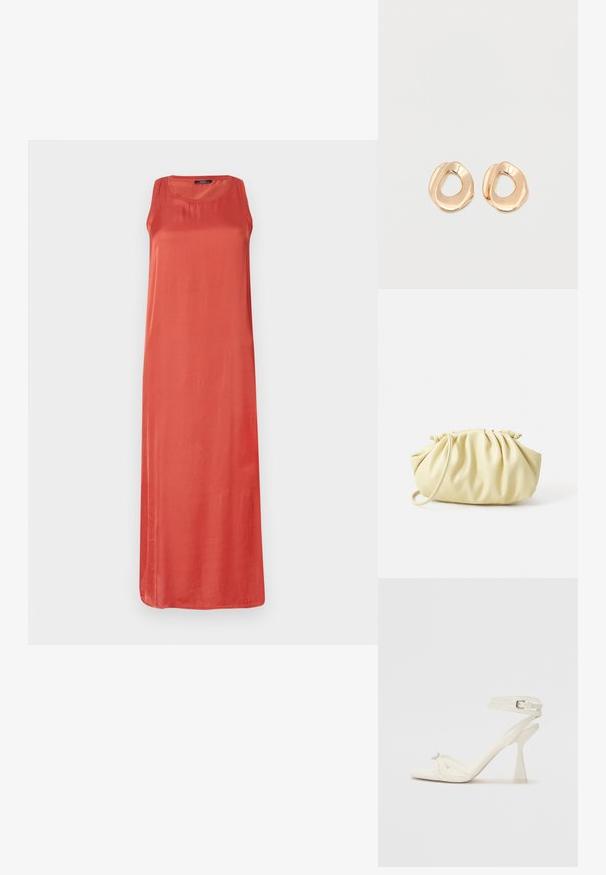 Robe longue sans manches de couleur corail unie. Fabriquée dans un tissu doux avec une coupe décontractée et un col rond. Pas de motifs ou d'accents notables.; Sandale à talons hauts à brides en cuir blanc avec un design épuré, un talon bloc transparent et un élément décoratif au niveau des orteils.; Sac à main plissé jaune en simili cuir lisse, arborant une forme douce avec une bandoulière unique et un design froncé sur le dessus.; Paired boucles d'oreilles en métal doré poli de forme irrégulière avec un centre ouvert sur un fond blanc uni.
