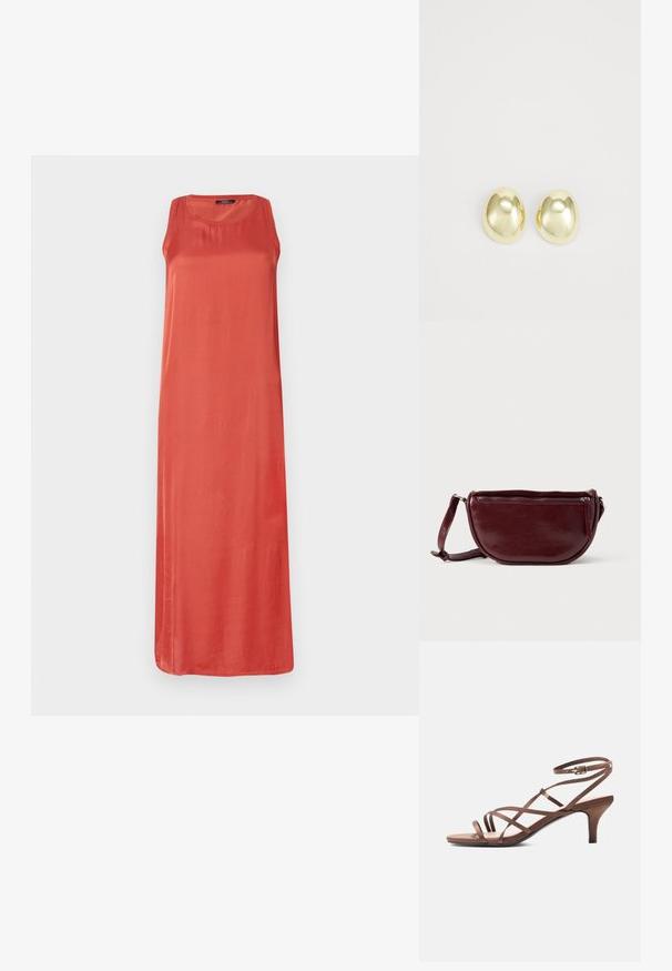 Robe longue sans manches de couleur corail unie. Fabriquée dans un tissu doux avec une coupe décontractée et un col rond. Pas de motifs ou d'accents notables.; Sandale marron à fines brides, boucle à la cheville et talon de hauteur moyenne, vue de côté sur fond blanc.; Sac à main en cuir marron foncé avec une forme en demi-lune, une fermeture éclair et une bandoulière amovible. Texture lisse avec un léger éclat.; Boucles d'oreilles en métal doré avec une forme lisse et arrondie et une finition polie. Design simple sans embellissements supplémentaires.