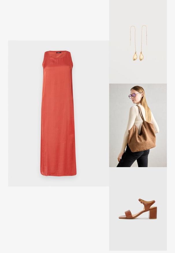 Robe longue sans manches de couleur corail unie. Fabriquée dans un tissu doux avec une coupe décontractée et un col rond. Pas de motifs ou d'accents notables.; Sandale à talon en cuir marron avec un bout carré, une bride de cheville ajustable et un talon carré. Texture lisse et design minimaliste.; Sac fourre-tout en daim marron avec une texture douce, grande ouverture et longues sangles. Présente un design simple avec des coutures visibles et sans matériel.; Boucles d'oreilles fines en fil d'or avec de fines chaînes et de petits pendentifs en or lisses, de forme irrégulière, suspendus aux extrémités.