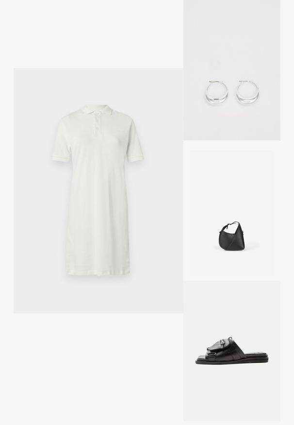 Robe polo blanche en coton, avec un col à revers, des manches courtes, une coupe droite et trois boutons à l'avant.; Sandale slide en cuir noir avec semelle rembourrée et détail d'une pochette zippée à l'avant sur la bride.; Sac à bandoulière en cuir noir avec une forme triangulaire arrondie et une sangle réglable sur un fond clair uni.; Boucles d'oreilles en argent avec une finition polie et un branding DKNY, présentées sur un fond blanc uni.