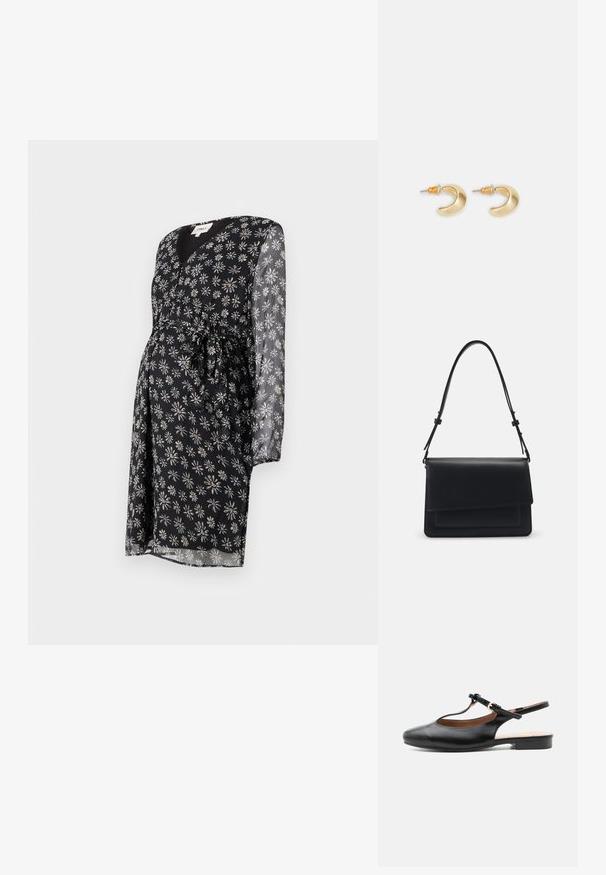 Vestido de maternidad en tela negra con estampado de margaritas blancas y moradas. Cuenta con un escote en v, mangas largas transparentes y un detalle de cintura atada.; Zapato plano slingback de cuero negro con T-correa y hebilla dorada sobre fondo neutro.; Pieces PCNIBINA HARMONICA CROSS BODY - Bandolera - black; Pendientes en forma de media luna de oro con un acabado suave, que presentan acentos naranjas cerca del pasador y herrajes de plata.