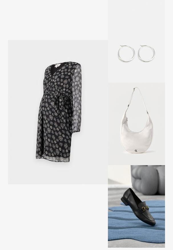 Zwangere jurk in zwarte stof met een witte en paarse madeliefjesprint. Voorzien van een v-halslijn, lange doorzichtige mouwen en een strikdetail in de taille.; Zwarte leren loafer met gouden gespdetail, geplaatst op een gestructureerd blauw vloerkleed en met een vervaagde grijze sculptuur op de achtergrond.; Witte schoudertas in halve maanvorm met verstelbare band en zwart "cK" logo nabij het midden onderaan op een effen achtergrond.; Zilveren hoop oorbellen hebben een glad, rond ontwerp met een dun profiel en een veilige sluiting. Minimalistische stijl met een gepolijste afwerking.
