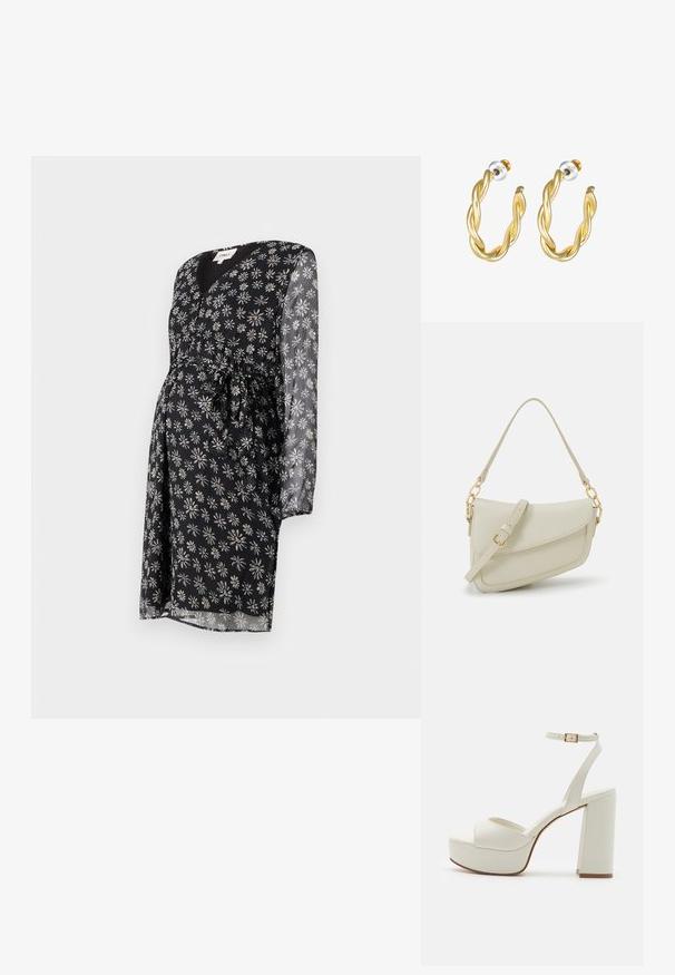 Vestido de maternidad en tela negra con estampado de margaritas blancas y moradas. Cuenta con un escote en v, mangas largas transparentes y un detalle de cintura atada.; Zapatos de plataforma blancos con tacón bloque, punta abierta y correa en el tobillo con un hebilla metálica. Fabricados en un material sintético suave.; Pequeño bolso de mano crema con un acabado texturizado, una correa larga y ajustable, un acento de cadena y cierre de solapa. Detalles en hardware dorado.; Pendientes de aro retorcidos en oro con una superficie lisa, que cuentan con un respaldo transparente y herrajes en tono dorado.