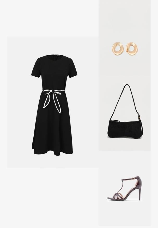Robe noire longueur genou avec manches courtes et ceinture blanche nouée à la taille, avec un col rond et une fermeture éclair au dos.; Sandale à talons hauts en cuir verni marron avec un design à T, bout ouvert et boucle réglable. Présente des sangles en croix sur le devant.; Sac bandoulière en daim noir avec fermeture éclair et une fine sangle réglable sur un fond blanc uni.; Paired boucles d'oreilles en métal doré poli de forme irrégulière avec un centre ouvert sur un fond blanc uni.