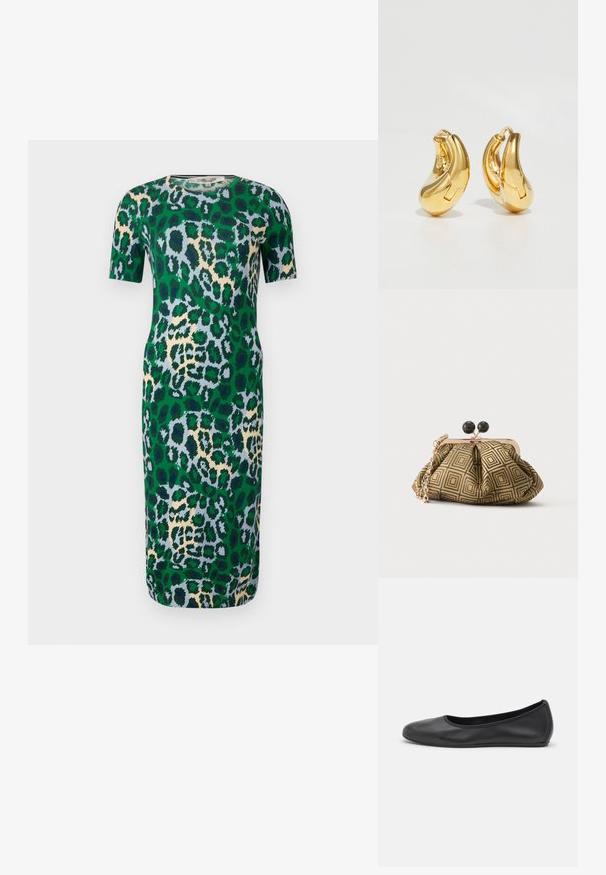Robe verte à manches courtes avec un motif léopard dans des teintes de bleu, de beige et de noir. Le tissu semble lisse avec une coupe ajustée.; Ballerines en cuir noir avec un bout rond, texture lisse, détails de couture minimalistes et design de semelle flexible.; Petite pochette avec motif géométrique doré et noir, cadre en métal doré, fermeture à boule noire et une courte chaîne dorée.; Boucles d'oreilles en or en forme de d'anneaux lisses et courbés avec une finition polie. Équipées d'un mécanisme de fermeture et de légères indentations pour le détail.