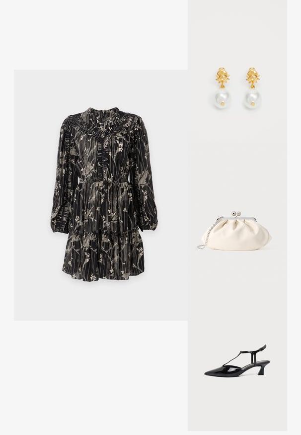 Vestido negro con estampado floral, diseño en capas, mangas largas abullonadas, escote fruncido y un ajuste relajado, confeccionado en una tela ligera.; Zapato slingback de cuero charol negro con punta fina, tira en T y tacón bajo en bloque inclinado sobre fondo blanco.; Bolso de mano de tela color crema con diseño fruncido, marco metálico plateado, dos bolas decorativas y correa de cadena plateada.; Pendientes dorados con una parte superior en forma de sol y una gran perla blanca colgante. Presentan una textura suave y un acabado brillante.