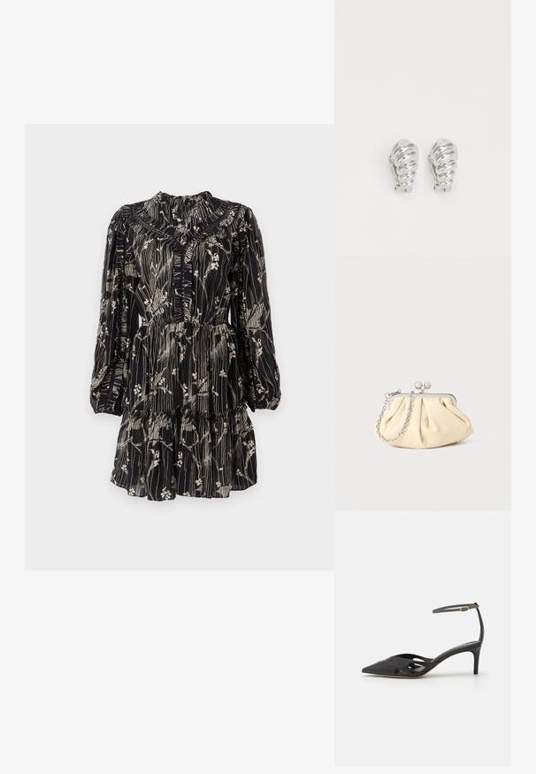 Musthave must-kleid mustjoonid must-kleit mustrian mustpuhas kleit mustsoon mustsort midus peak mustmustloom mustse rubberi mustmustkale mustuksele kinnermustsu mustada ja muster mustmustmaterialine slijadu leitli mustSedus musthall mustpluu ning tjalis om vaheline mustmustplaatto vahtuit mustja putmustol mustpruunmust on unikanne carriss mustmelle; Must mustaharjal süngeteisega kingad, millel on terav varvas, avatud küljed ja õhuke pahkluuring, kus on väike kuldne detail.; Kortsus beežist nahast kotike, millel on hõbedane metallraam, kaunistatud kahe ümmarguse dekoratiivse lukuga ja hõbedase ketispideme. ; Hõbedased klamber kõrvarõngad, millel on spiraalne disain, millel on sile metalliline tekstuur ja ümarad kujundid. Nähtavad ehted või mustrid puuduvad.