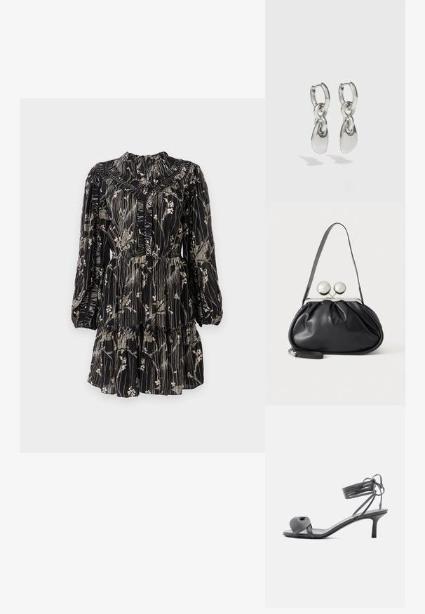 Musthave must-kleid mustjoonid must-kleit mustrian mustpuhas kleit mustsoon mustsort midus peak mustmustloom mustse rubberi mustmustkale mustuksele kinnermustsu mustada ja muster mustmustmaterialine slijadu leitli mustSedus musthall mustpluu ning tjalis om vaheline mustmustplaatto vahtuit mustja putmustol mustpruunmust on unikanne carriss mustmelle; Hallid nahast kontsakingaga sandaalid, mille varvaste kohal on sõlmitud rihm ja õhuke pahkluu ümber mähitud paelad, keskmise kõrgusega kitsal kontsal, valgel taustal.; Mustast nahast käekott kogutud disainiga, ühe rihmaga, hõbedase metallraamiga ja kahe suure ümmarguse hõbedase klambriga.; Hõbedased rõngaskõrvarõngad piklike ovaalsete linkidega, millel on poleeritud viimistlus ja tekstureeritud ripats. Lihtne disain sujuvate servadega.