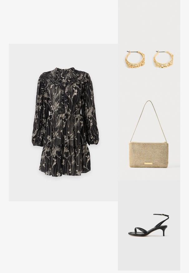 Vestido negro con estampado floral, diseño en capas, mangas largas abullonadas, escote fruncido y un ajuste relajado, confeccionado en una tela ligera.; Sandalia negra de cuero para mujer con tiras finas, un lazo para el dedo del pie, hebilla en el tobillo y tacón de aguja de altura media sobre un fondo neutro.; Bolso clutch dorado de forma rectangular, cubierto de brillantes pedrería plateada. Cuenta con una delgada correa metálica para el hombro y cierre de cremallera.; Par de pendientes de aro en tono dorado con grabados ornamentales de flores y hojas sobre un fondo neutro.
