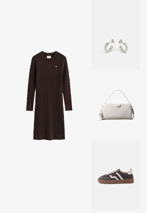 Dunkelbraunes Strickkleid mit langen Ärmeln und Zopfmuster, Rundhalsausschnitt und gerippten Bündchen, mit kleinem besticktem Logo auf der Brust.; Einzelner dunkelgrauer Sneaker mit weißen Lederakzenten, strukturierten Seiten, weißen Schnürsenkeln und brauner Gummisohle, im Profil auf schlichtem Hintergrund dargestellt.; Weiße rechteckige Calvin Klein Handtasche mit einem einzelnen Henkel, minimalistischem Design und dekorativen Quasten mit geometrischem Metallanhänger an der Seite.; Silberne Metall-Hoops mit strukturiertem Design, ausgestattet mit einem kleinen Steckverschluss und Branding an einem Hoop. Abgerundete Form mit glänzender Oberfläche.