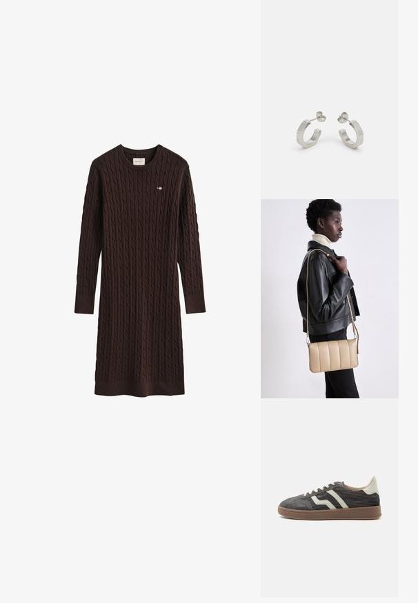 Dunkelbraunes Strickkleid mit langen Ärmeln und Zopfmuster, Rundhalsausschnitt und gerippten Bündchen, mit kleinem besticktem Logo auf der Brust.; Grauer Corduroy-Low-Top-Sneaker mit weißen Seitenstreifen, beigem Fersenlasche, weißen Schnürsenkeln und brauner Gummisohle.; Beige Leder-Crossbody-Tasche mit gestepptem Muster, rechteckiger Form, dünnem Trageriemen und silberner Hardware, getragen von einer Person in einer schwarzen Jacke.; Silberne Metall-Hoops mit strukturiertem Design, ausgestattet mit einem kleinen Steckverschluss und Branding an einem Hoop. Abgerundete Form mit glänzender Oberfläche.