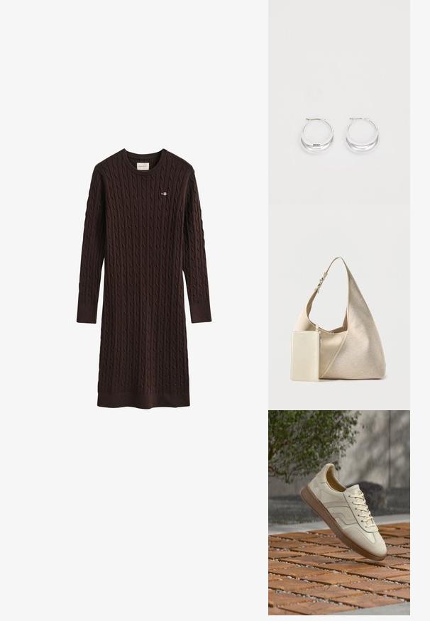 Mørkebrun langærmet kabelstrikket kjole med rund hals og ribstrikkede ærmer, med et lille broderet logo på brystet.; Sneakers i cremefarve med en struktureret beige gummisål, snøredesign og diskret brand på siden. Overdel i glat læder.; Beige stof hobo taske med justerbar rem og vedhæftet lille rektangulær lynlåslomme i matchende farve.; Sølv hoops øreringe med en poleret overflade og DKNY branding, præsenteret mod en simpel hvid baggrund.